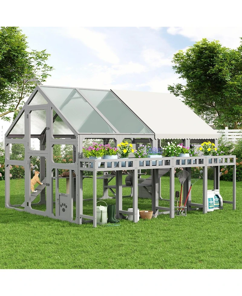 6thdruple Multi-Level Cat House with Planter Stand, Bridge, Waterproof Roof for Outdoor Use