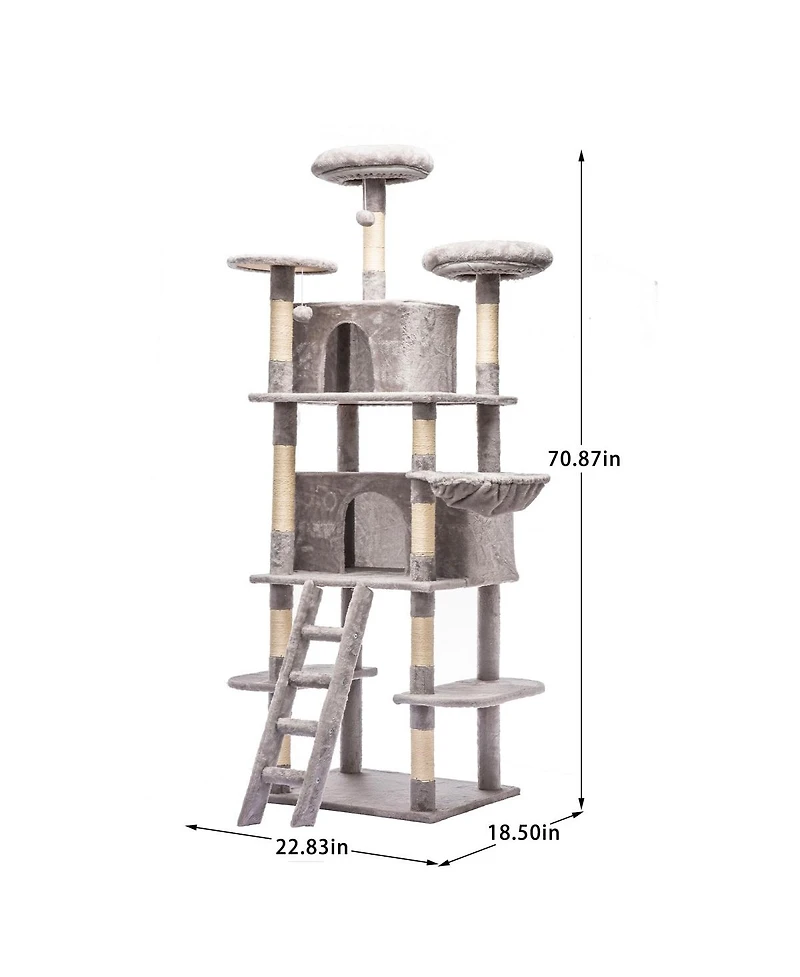 6thdruple 70.87" Multi-Level Cat House Tree, Gray Large Tower with Condos, Hammock, Perches, Sisal Scratching