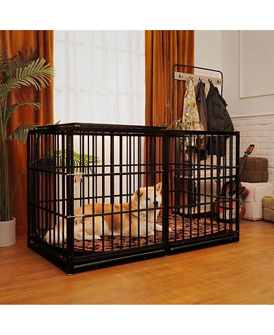 6thdruple 60" Dog House Crate, Heavy Duty Metal Kennel with Roof Door, Removable Trays and Mat