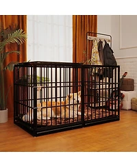 6thdruple 60" Dog House Crate, Heavy Duty Metal Kennel with Roof Door, Removable Trays and Mat