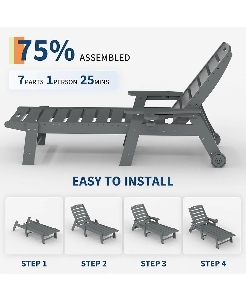 Homfan Hdpe 5-Position Outdoor Chaise Lounge Chair with Cup Holder and Wheels Set of 2, Resin Pool Lounger for Patio, Garden