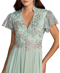 Mac Duggal Women's Embroidered Top Chiffon Skirt Ruffle Sleeve Gown