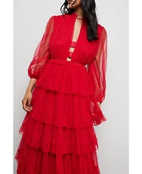 Warehouse Women's Ruffle Neck Tulle Maxi Dress