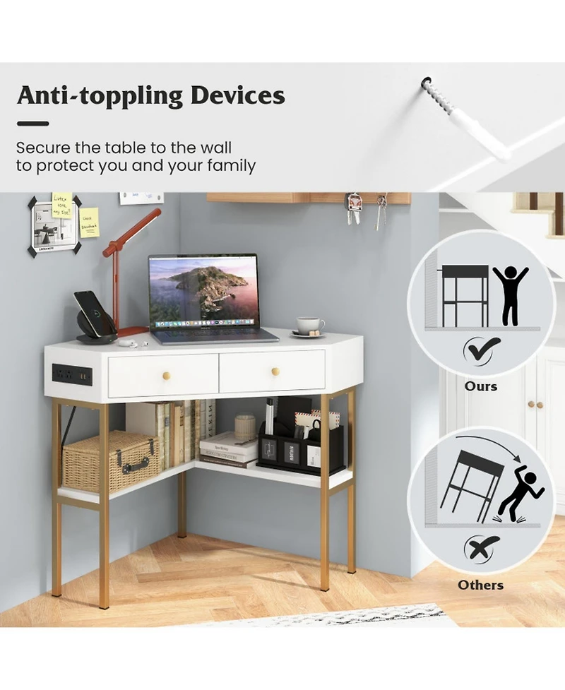 Gouun Triangular Corner Desk with Charging Station, 2 Drawers and Bottom Storage Shelf