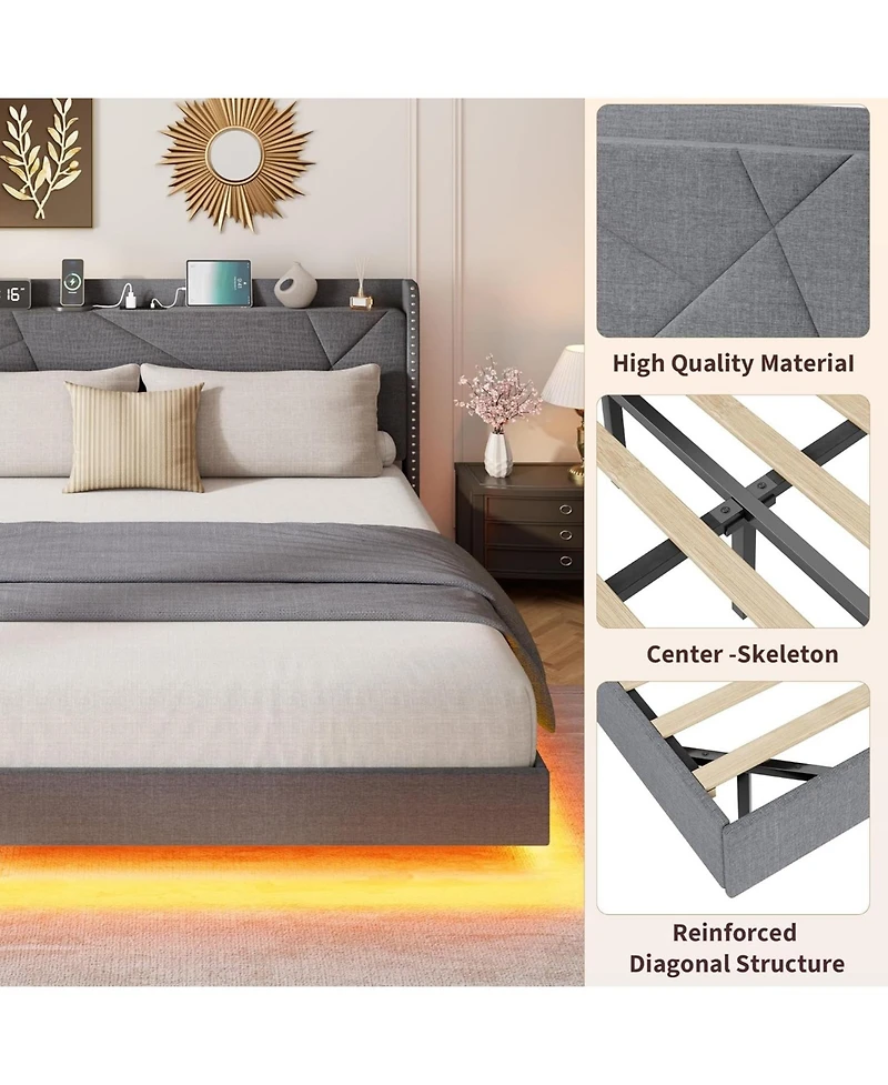 Homfan Floating Upholstered Bed Frame with Led Lights, Charging Headboard and Storage Shelf, Box Spring Not Required