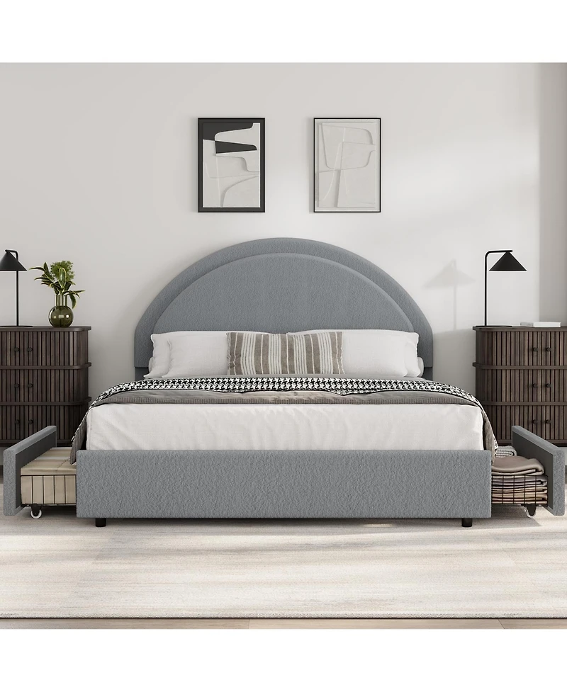 Homfan Full Boucle Upholstered Bed Frame with 2 Storage Drawers and Round Headboard, No Box Spring Needed