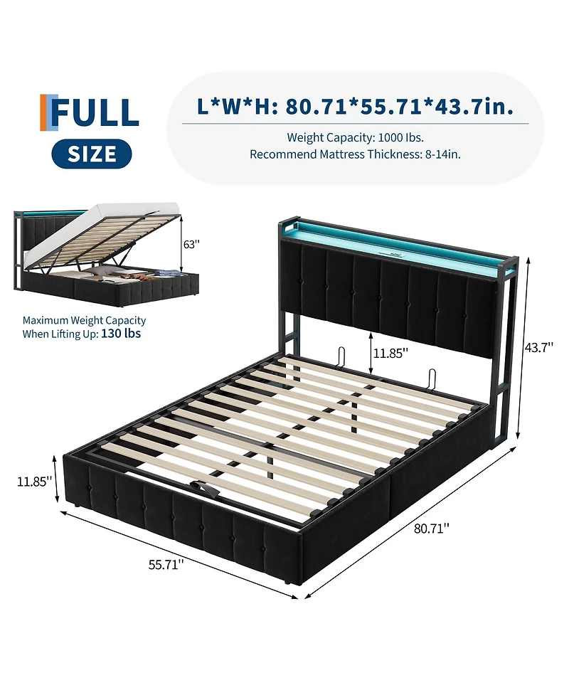 Homfan Full Size Lift-Up Hydraulic Storage Upholstered Soft Bed Frame with Led Lights, Power Outlets, Sturdy Metal Slats