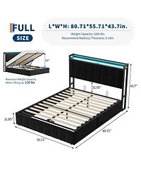 Homfan Full Size Lift-Up Hydraulic Storage Upholstered Soft Bed Frame with Led Lights, Power Outlets, Sturdy Metal Slats