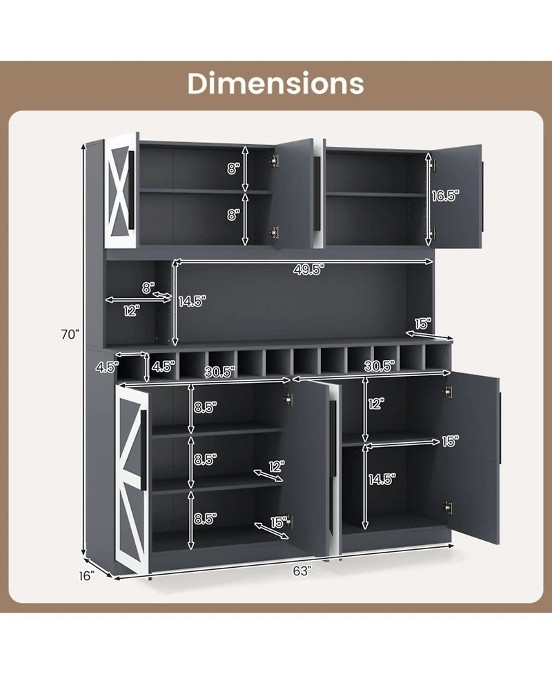 Gouun 70 in Tall Farmhouse Pantry Cabinet with 12-Bottle Wine Rack and Adjustable Shelves