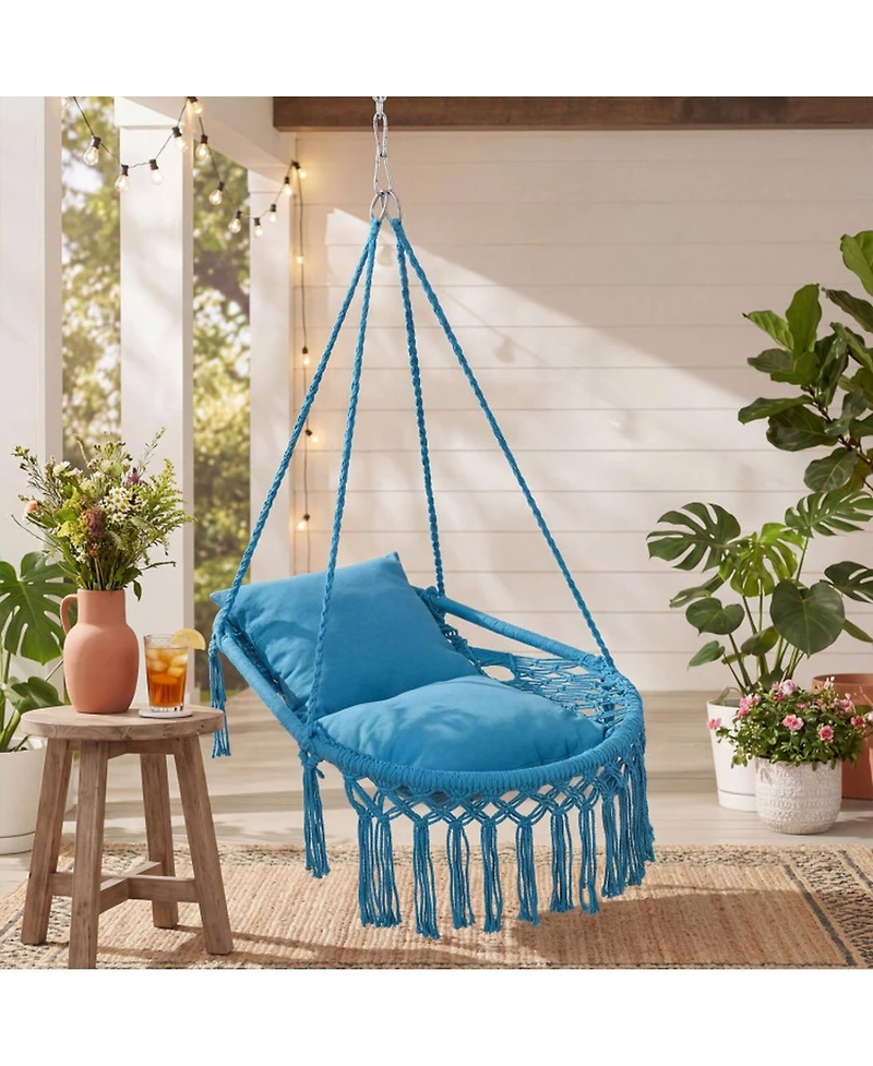 Gouun Macrame Hanging Hammock Swing Chair with 2 Removable Cushions and Metal Spreader Bar