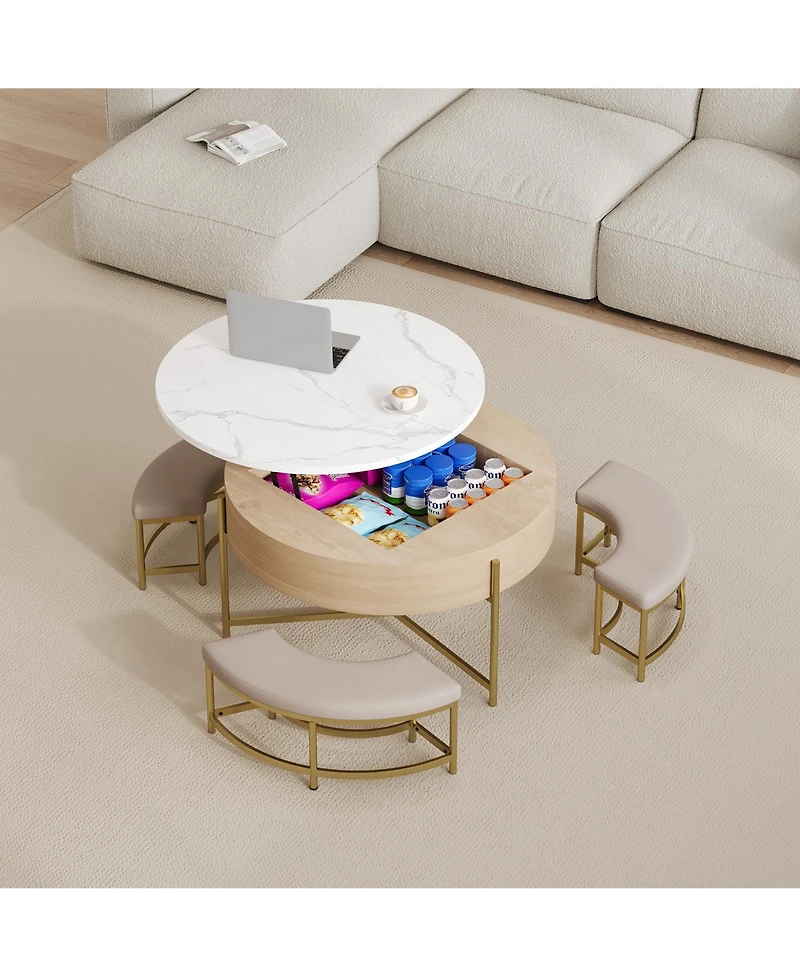 Rainsken Modern Round Lift-Top Coffee Table with Hidden Storage and 3 Ottoman, Nesting Center Table Set for Living Room and Office