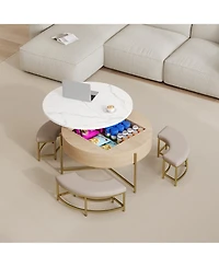 Rainsken Modern Round Lift-Top Coffee Table with Hidden Storage and 3 Ottoman, Nesting Center Table Set for Living Room and Office