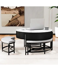 Rainsken Modern Round Lift-Top Coffee Table with Hidden Storage and 3 Ottoman, Nesting Center Set for Living Room Office