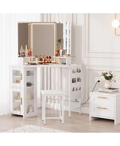 Homfan Space-Saving Corner Vanity Desk and Stool Set for Bedroom - Lighted Mirror, Charging Station, Storage Cabinet