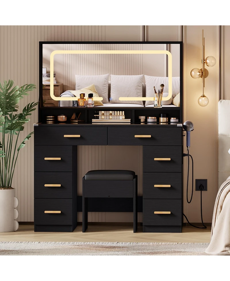 Homfan Makeup Vanity Desk Set with Large Lighted Mirror, 8 Drawers, 3 Storage Shelves, Glass Top, Stool, Built-in Power Outlet
