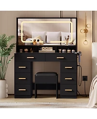 Homfan Makeup Vanity Desk Set with Large Lighted Mirror, 8 Drawers, 3 Storage Shelves, Glass Top, Stool, Built-in Power Outlet