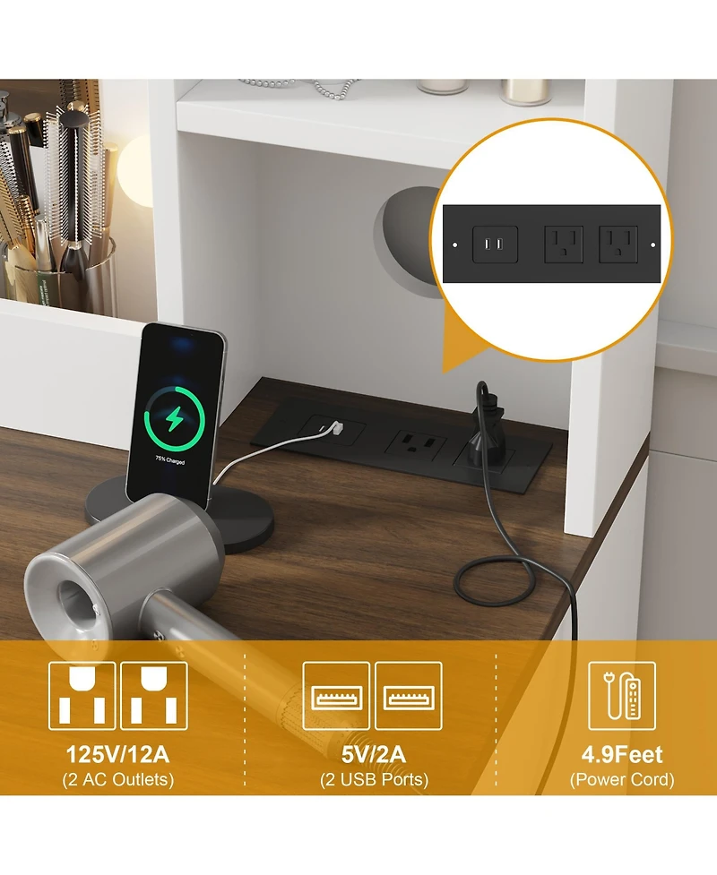 Homfan Farmhouse Vanity Desk with Led Mirror and Charging Station - 6 Drawers, 2 Cabinets, Soft Cushioned Stool, Adjustable 3-Color Lighting