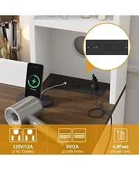 Homfan Farmhouse Vanity Desk with Led Mirror and Charging Station - 6 Drawers, 2 Cabinets, Soft Cushioned Stool, Adjustable 3-Color Lighting