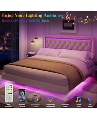 Homfan Floating Upholstered Bed Frame with Led Diamond Headboard and Wood Slats, Available Full, Queen