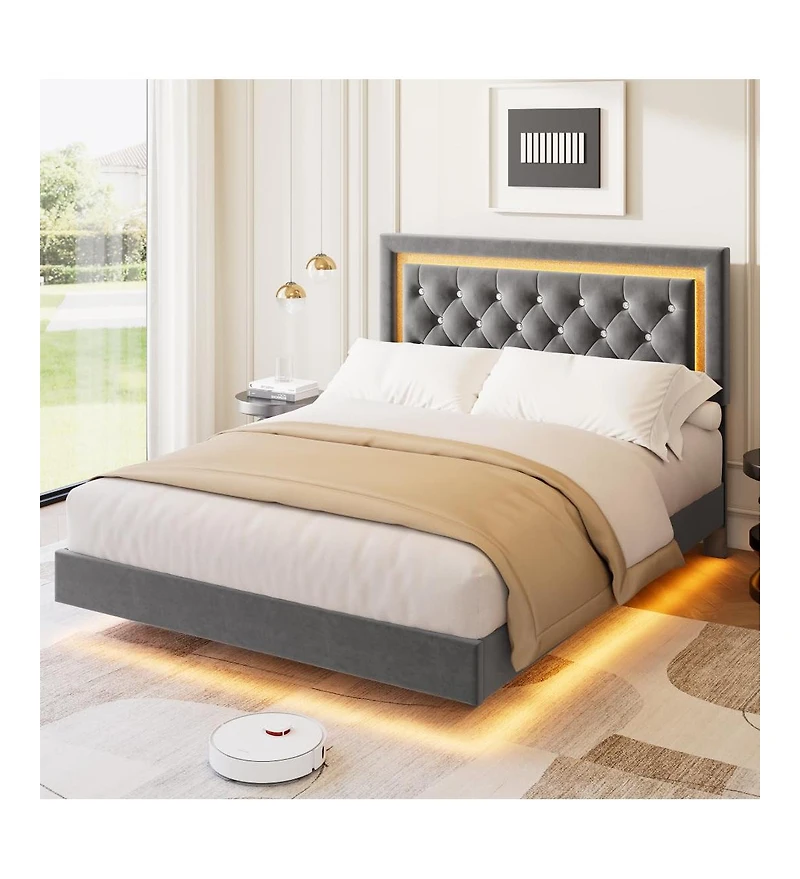 Homfan Floating Upholstered Bed Frame with Led Diamond Headboard and Wood Slats, Available Full, Queen