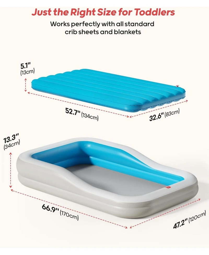 Qpau Inflatable Toddler Travel Bed with 3-Sided Safety Bumpers, Extra Large Kids Air Mattress, Includes Detachable Mattress, Portable