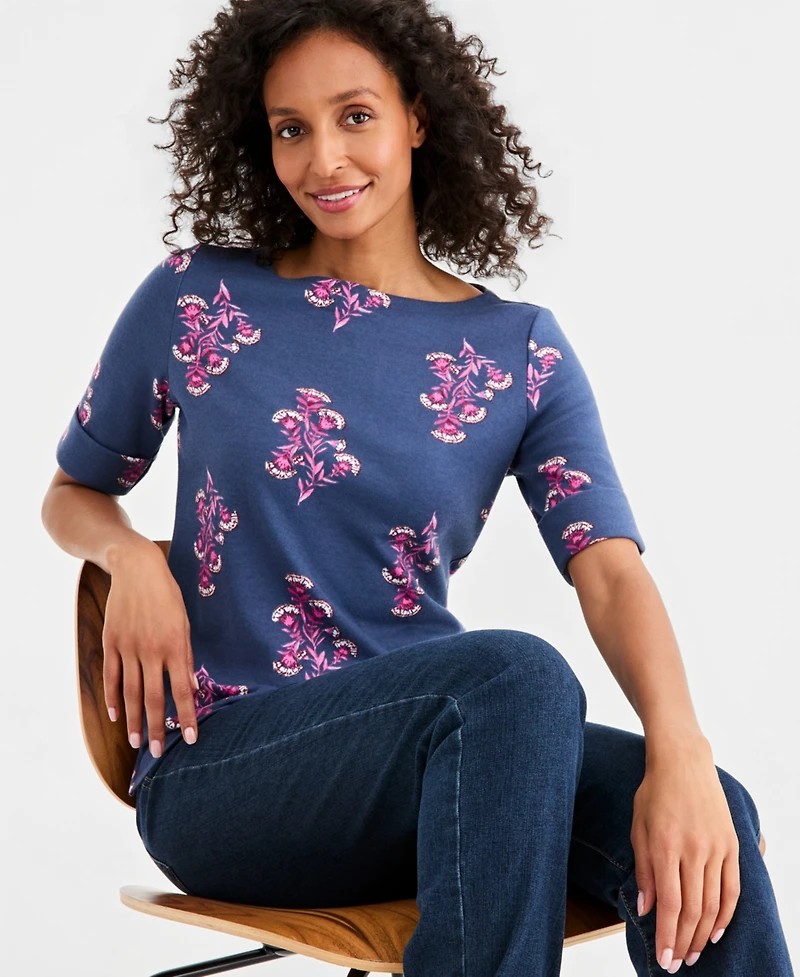 Style & Co Petite Printed Boat Neck Short-Sleeve Top, Macy's Exclusive