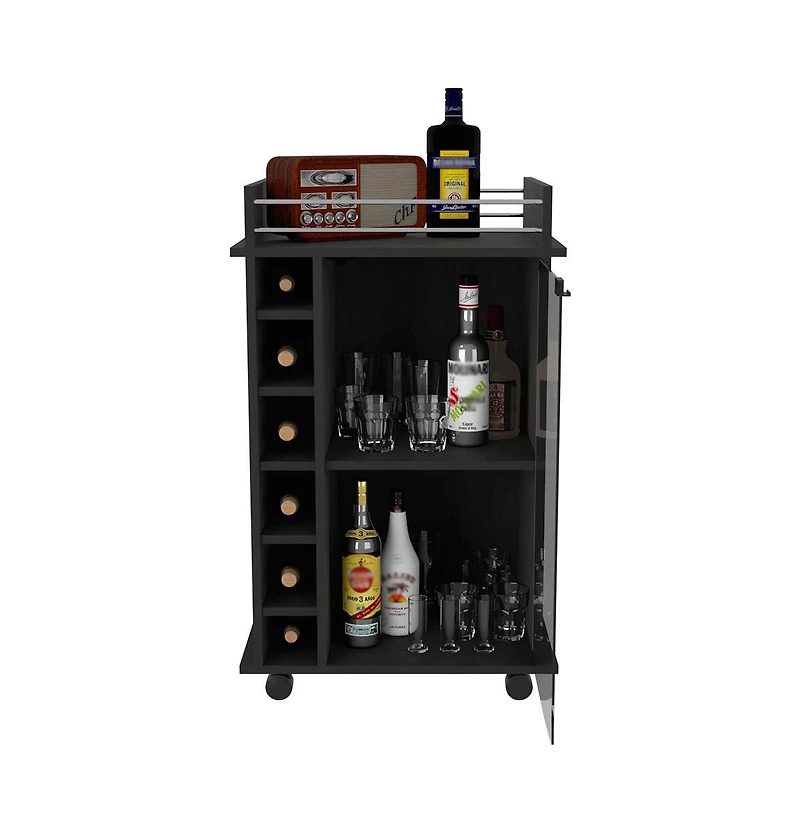 Flynama Wengue 2-Tier Glass Door Bar Cart with 6 Cubbies and Lockable Wheels