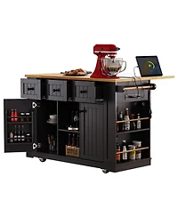 Flynama 53" Kitchen Island with Drop Leaf and Power Outlet, Rolling Storage Cart on 5 Wheels