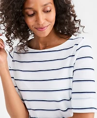 Style & Co Women's Printed Boat-Neck Elbow-Sleeve Top