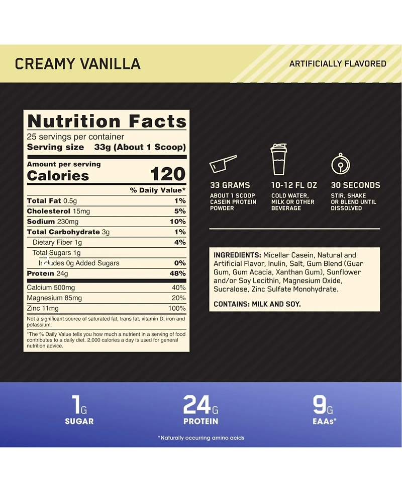Optimum Nutrition Gold Standard Casein Protein Powder, Vanilla, 24g Protein, 2 Lb