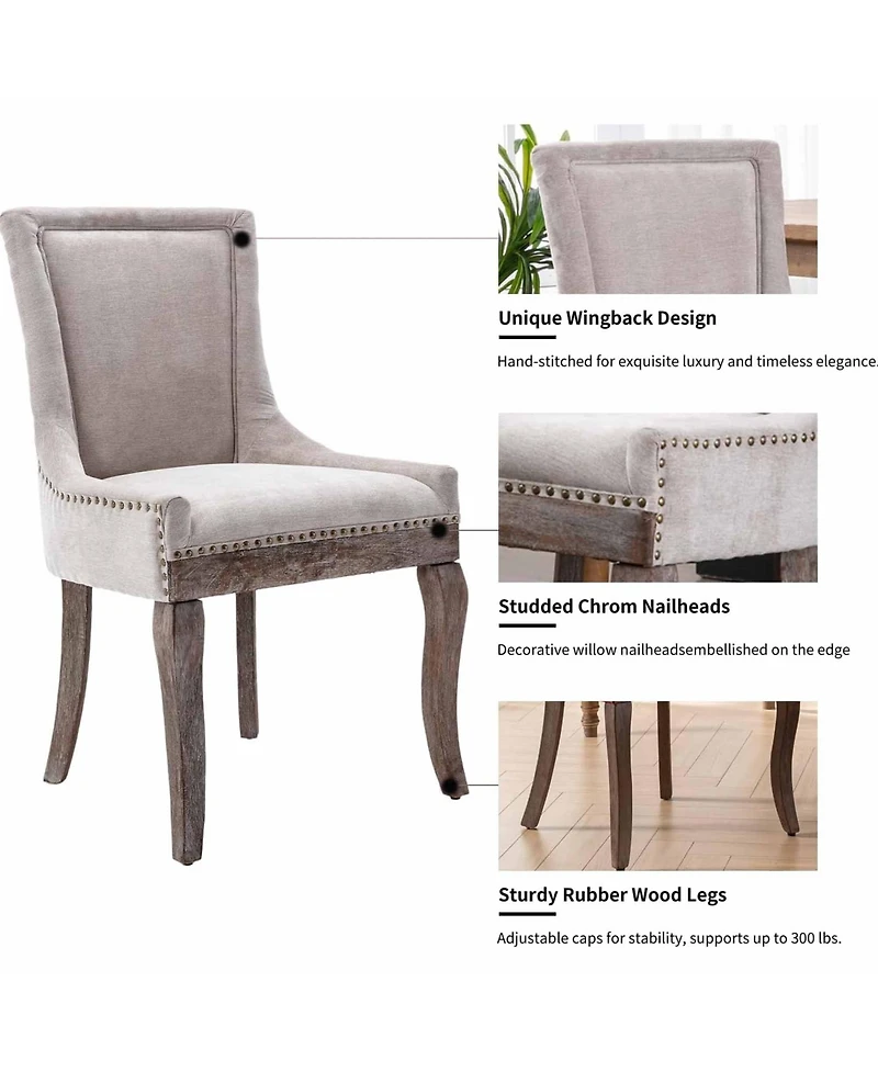 Rainsken Extra Large Side Dining Chairs Set of 2, Fabric Upholstered Kitchen with Nail Head Decoration and Solid Wood Legs for Room