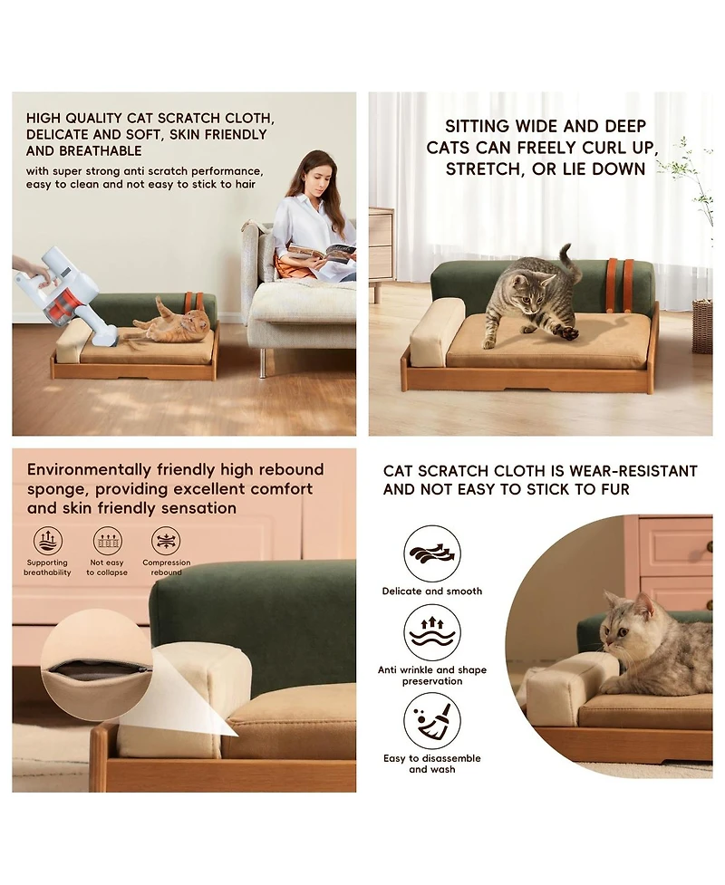 6thdruple Modern Oak Wood Pet Sofa, Chenille Pet Lounge with Removable Cushion, Built-in Toy for Cats