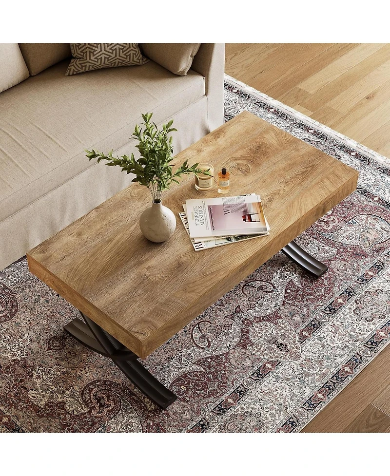 Tribesigns 47" Coffee Table, Rectangle Center Table for Living Room, Industrial Modern Living Room Table, Wood Coffee Table with Curved Cross Legs