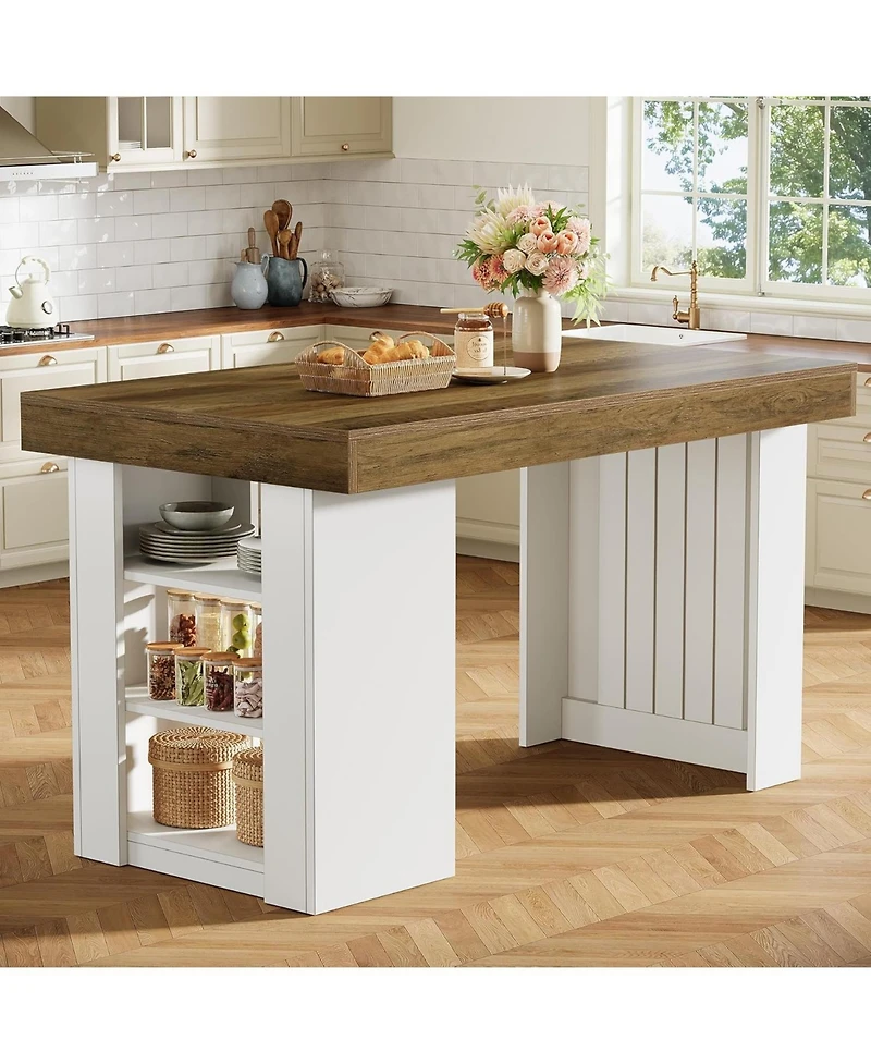 Tribesigns Kitchen Island with Storage, 55-Inch Farmhouse Stationary Island Table with Large Countertop, Counter Height Home Bar Table