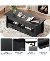 homfan Lift Top Coffee Table with Hidden Storage, 47" Farmhouse Center Two Drawers and Adjustable Wooden Tabletop for Living Room