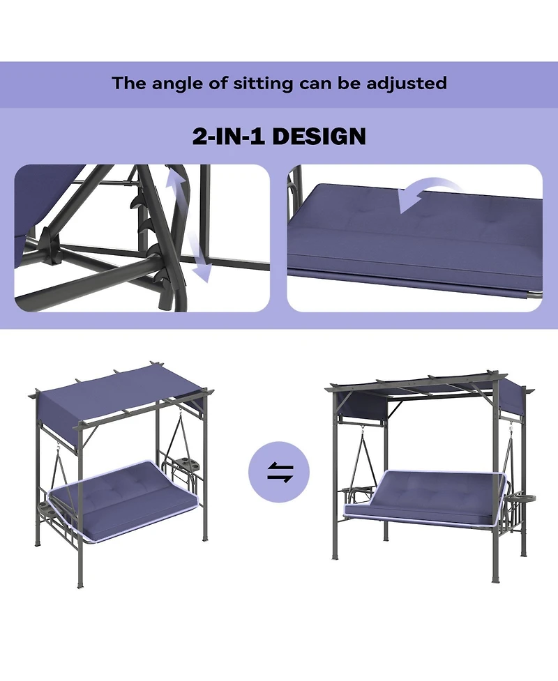 Aecojoy 3 Seat Porch Swing Bed, Outdoor Patio Metal Pergola Swing Bench with Hanging Cloud Hammock Chair