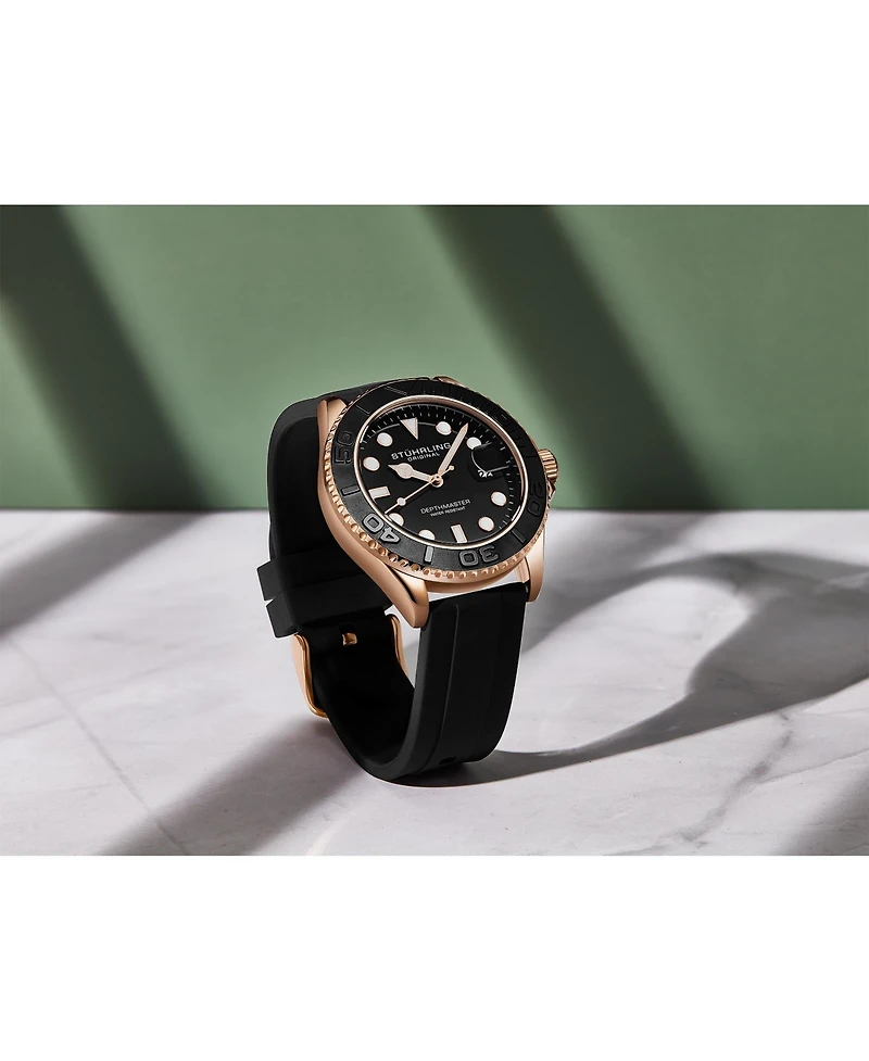 Stuhrling Depthmaster 4072 Men s Quartz Diver Watch – 42mm, Rose Gold-Tone Case, Black Dial, Silicone Strap, Date, 100M Water Resistant