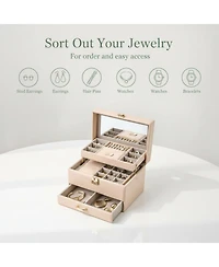 Yigii 3 Layers Leather Jewelry Storage Box with Mirror Removable Tray Portable Travel Organizer for Women