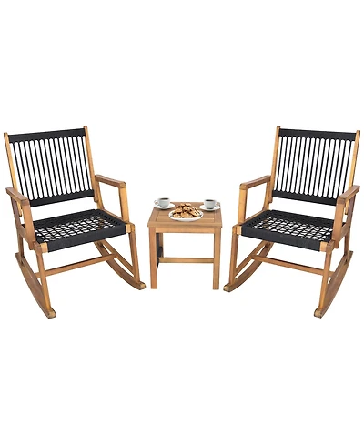 Gymax 3 Piece Acacia Wood Rocking Chair Set with Coffee Table and All-Weather Rope Patio Poolside