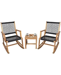 Gymax 3 Piece Acacia Wood Rocking Chair Set with Coffee Table and All-Weather Rope Patio Poolside