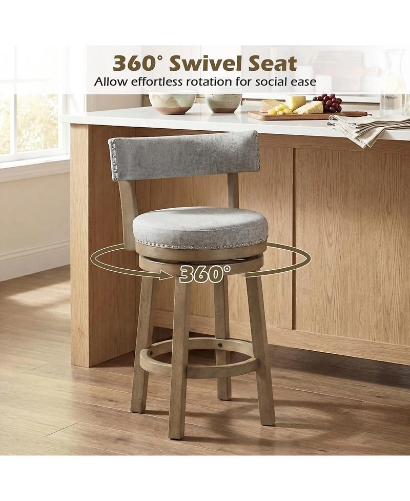 Gymax Swivel Counter Height Bar Stool Upholstered Barstool with Padded Back and Rubber Wood Legs