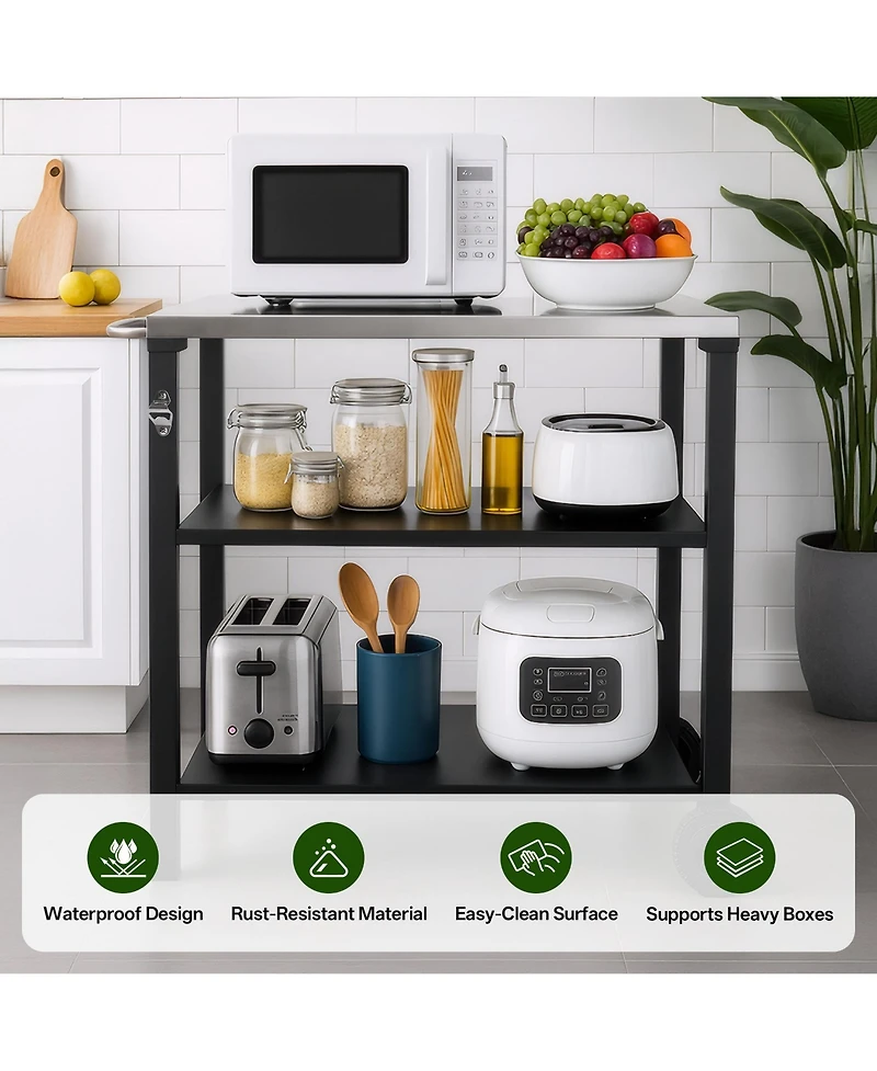 Flynama 3-Tier Black Outdoor Grill Cart with Stainless Steel Top