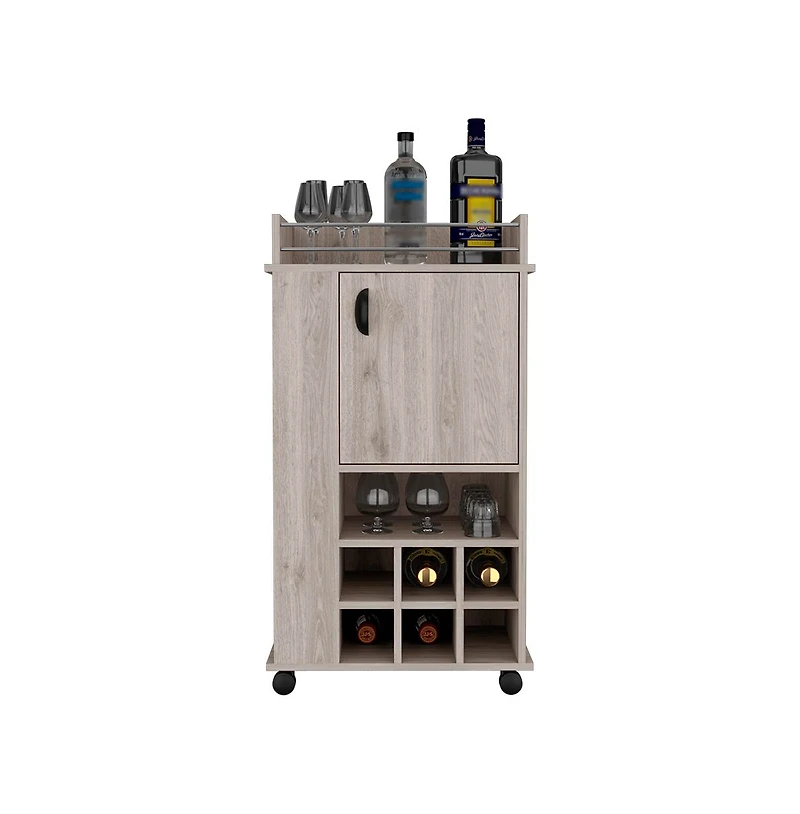 Flynama Reese Light Bar Cart with Casters, 6 Wine Cubbies and Single Door Cabinet, Rolling Serving Cart for Home Bar