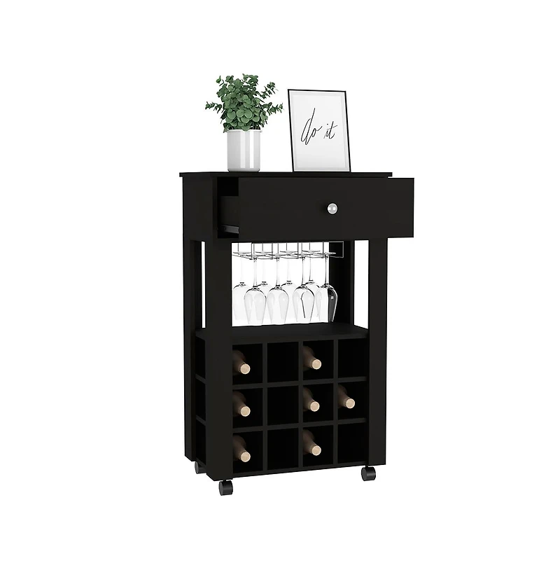 Flynama Wengue Bayamon Bar Cart with 12 Wine Cubbies, 4 Legs and 1 Open Shelf