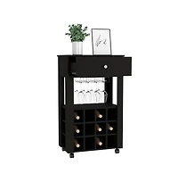 Flynama Wengue Bayamon Bar Cart with 12 Wine Cubbies, 4 Legs and 1 Open Shelf
