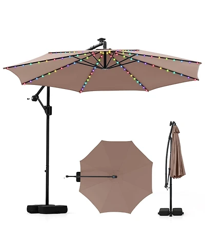 Gouun 10 ft Solar Offset Hanging Patio Umbrella with Base, 96 Led Lights and 360-Degree Rotation
