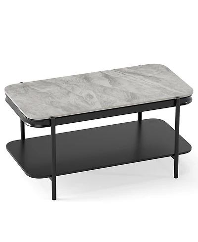 Gouun 2-Tier Sintered Stone Top Rectangular Coffee Table with Metal Frame, 35.5 in