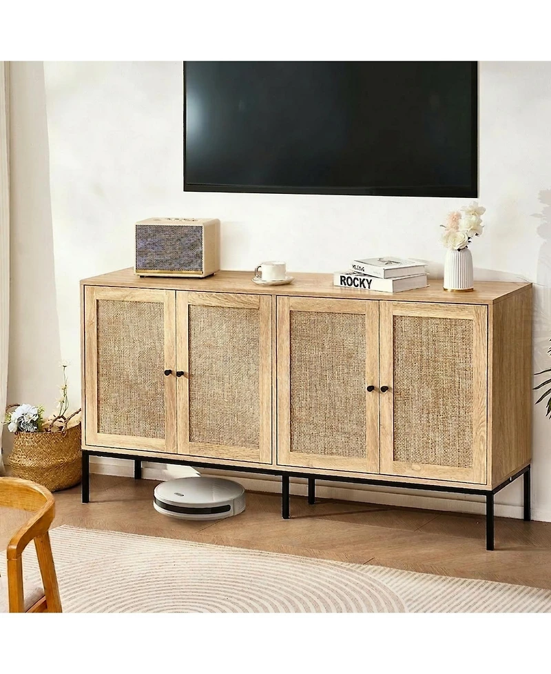 Gouun Rattan Cabinet, Rattan Storage Cabinet with 4 Magnetic Doors and Adjustable Shelves, Sideboard Buffet Cabinet for Hallway, Entryway, Living Room