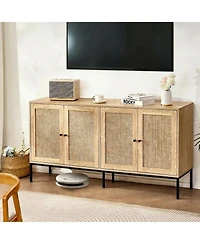 Gouun Rattan Cabinet, Rattan Storage Cabinet with 4 Magnetic Doors and Adjustable Shelves, Sideboard Buffet Cabinet for Hallway, Entryway, Living Room