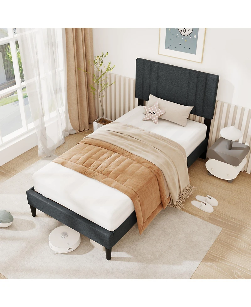 Sugift Bed Frame with Tufted Headboard and Wooden Slat Support